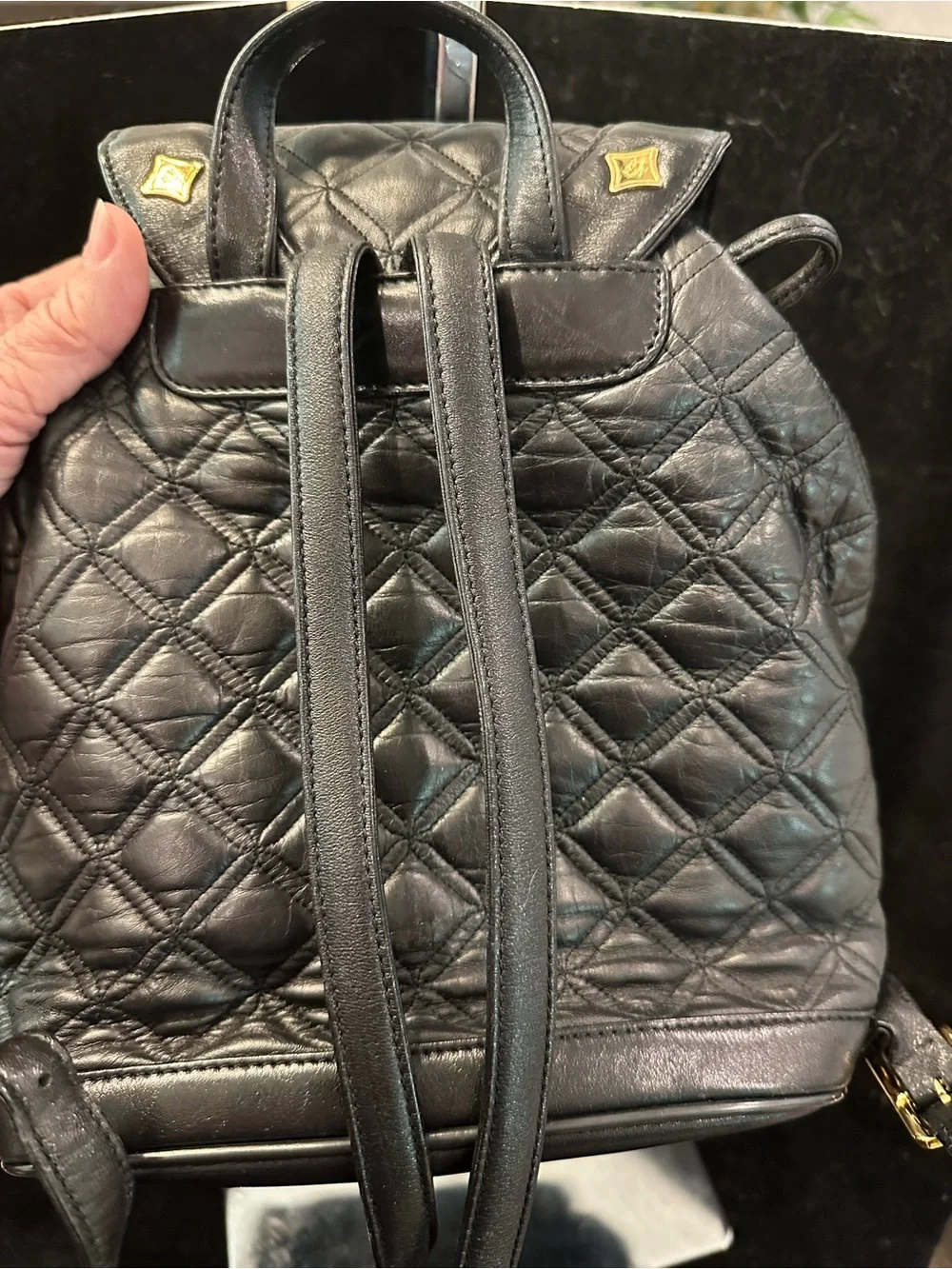 MCM # 226 Quilted Black Leather Backpack Gold Hardware/Logo Studs